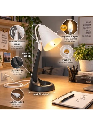 Rafta E14 Duylu Antrasit Masa Lambası, LED Ampul Hediyeli, 3000K
