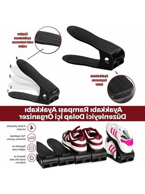 Rafta Ayarlanabilir Ayakkabı Rampası (12X25 Cm) - 4 Kademeli Dolap Içi Ayakkabı Düzenleyici Organizer, Kaymaz Siyah Plastik Ayakkabılık Çiftleme Rampası