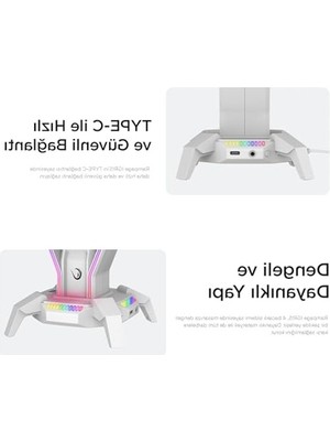 Rafta Rgb Aydınlatmalı Kulaklık Standı, 3 USB Portu ve Ses Girişi