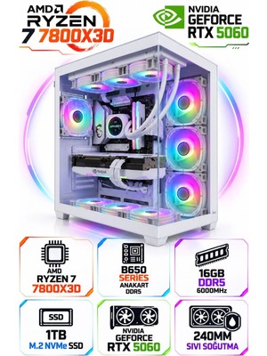 Apphirex Prestige X78 Ryzen 7 7800X3D / Msı B650M-B / RTX5060 8GB / 16GB Ddr5 6000MHZ / 1tb M.2 SSD / 240MM Sıvı Soğutma Beyaz Masaüstü Oyuncu Bilgisayarı
