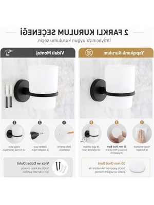 Rafta Duvara Monte Siyah Banyo Diş Fırçalık, Yapışkanlı Montaj