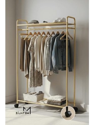 Rafta Tekerli Modern Metal Elbise Askılığı, Katlı Raflı, Gold Renk