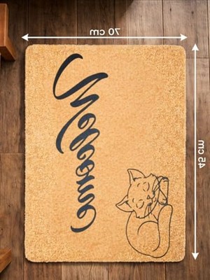 Rafta Beylini Welcome Yazılı Kedi Desenli Koko Paspas Ev Dış Kapı Giriş Paspası Tpr Kaymaz Taban Modern Su Geçirmez Bej 70X45CM