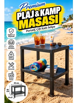Rika Garden Portatif Plastik Plaj ve Kamp Masası - 2 Katlı Demonte Piknik Masası, Sahil Şezlong Yanı Sehpa (38X29 Cm)