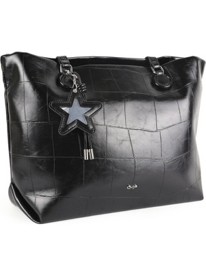 Guja C3017 Kadın Kroko Baskılı Dokulu Yıldız Charm Aksesuarlı Çift Askılı Geniş Tote Omuz Çantası