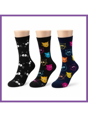 Bezos Unisex Kedi Desenli Çorap 3'lü Set Pamuklu Renkli Uzun Soket Dikişsiz Nefes Alan Rahat Günlük Çorap Bzoshb