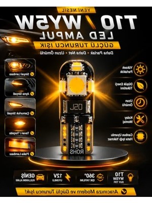 Rafta T10 WY5W Turuncu LED Ampul 12V, 360° Işık ile Park ve Sinyal Lambası, 1 Adet