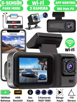 A-98 Wifi Full Hd 3 Kameralı Araç Içi Güvenlik Kamerası Ön-Arka-Iç Kayıt,dashcam