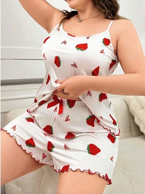 Çamaşır Kenti  Büyük Beden Çilek Desen Pamuklu Şortlu Pijama Takımı