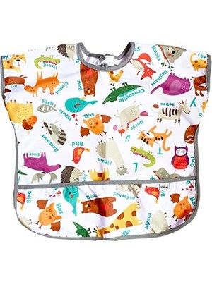 Str Store 1-3 Yaş Su Geçirmez Cırtlı Cepli Unisex Yarım Kollu Bebek Çocuk Mama Önlüğü Zoo