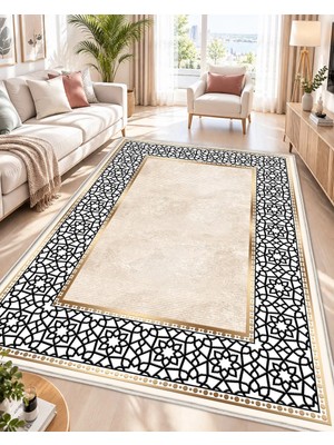 STY Home Bej Krem Dijital Baskı Salon Halısı Kaymaz Tabanlı Yıkanabilir Halı Yolluk 1144