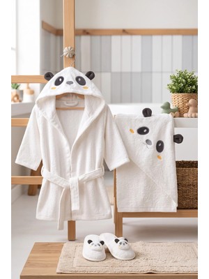 Zeynuko  Bebek Sevimli Panda 3'lü Bornoz Seti Kutulu Bebek Bornoz Takımı