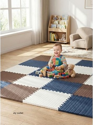 Rafta 6 Parça 50X50 Puzzle Mat - 100X150 cm Kurulumlu Oyun Spor Matı Puzzle Halı Tatami 13M (Kahverengi-Lacivert-Beyaz)