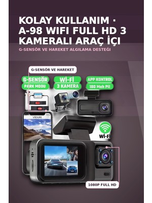 1080P Full Hd 3 Kameralı Wi-Fi Bağlantılı Araç Içi Kayıt Cihazı ve Park Kamerası Seti