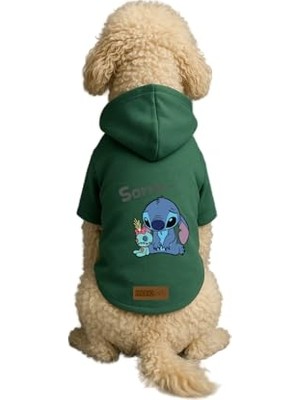 Rafta Baskılı Içi Polarlı Köpek ve Kedi Kıyafeti & Elbisesi - Yeşil Renk Kapüşonlu Hoodie BFB4E L