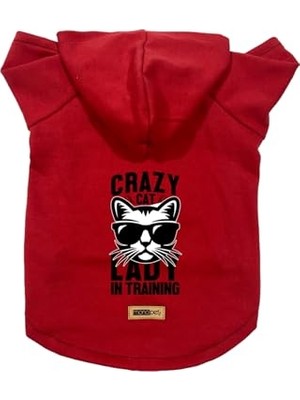 Rafta Kapişonlu Polar Sweatshirt Köpek ve Kedi Kıyafeti & Elbisesi - Kırmızı Crazy Cat L Beden