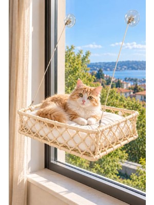 Rafta Reyo Tasaryum El Işçiliği Bohem Makrome Kedi ve Küçük Köpek Cam Hamak Yatağı Güçlü Vantuzlu, Minderli - Krem