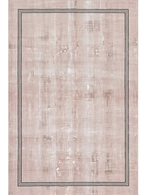Rugzella Pudra Pembe Gri Minimalist Bordürlü Modern Eskitme Desen Salon Yıkanabilir Halı