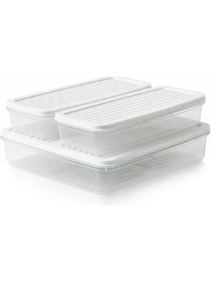 Rafta Deconox 3’lü Slim Buzdolabı ve Derin Dondurucu Saklama Kabı Seti, 1 Büyük (28CM) ve 2 Küçük (27CM) Ince Uzun Erzak Kutusu, Gri ve Beyaz Kapaklı Mutfak Düzenleyici (Beyaz - 3 Lü Set)