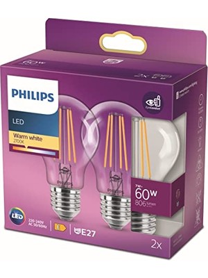 Rafta Philips LED Classic 60W A60 Filament Ampul, 2700 Sarı Işık, E27 Normal Duy, Dim Edilmez 2'li Ekopaket