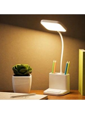 Rafta Şarjlı Kalemlikli Masa Lambası, Telefon Stant Özellikli, LED Işıklı, 3 Kademeli Ayarlanabilir Parlaklık, Type-C Şarj, Ofis Çalışmaları Için Uygun, Okuma ve Gece Kullanımı Için Ideal | 2209-B
