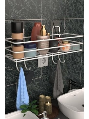 Rafta Metal Beyaz Yapışkanlı Banyo Düzenleyici Raf, Şampuanlık Duş Rafı ve Organizer MT119B