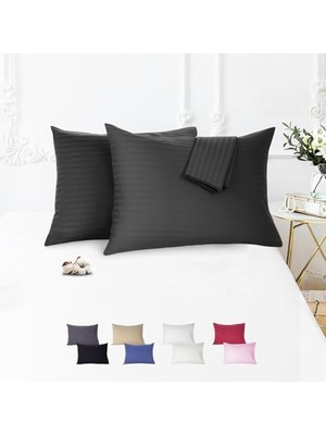 Rafta Vionel HOME%100 Pamuk Çizgili Saten Yastık Kılıfı | 50 x 70 cm 2'li | Paket (Siyah)