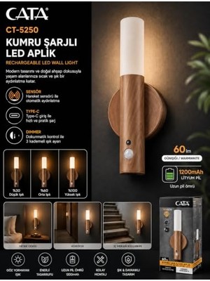 Rafta Cata CT-5250 Kumru Şarjlı LED Duvar Aplik Günışığı (Siyah Görünümlü)          [enerji Sınıfı A]