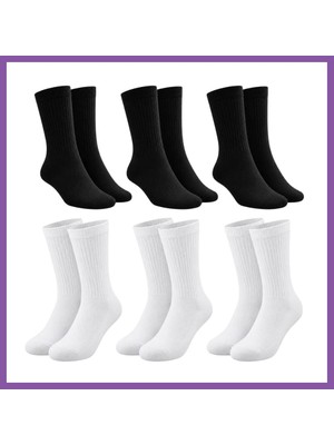 Bezos Unisex Basic Siyah Beyaz Soket Çorap 6'lı Set Kadın Erkek Spor Günlük Uzun Ribanalı Rahat Çorap Set Bzoshb