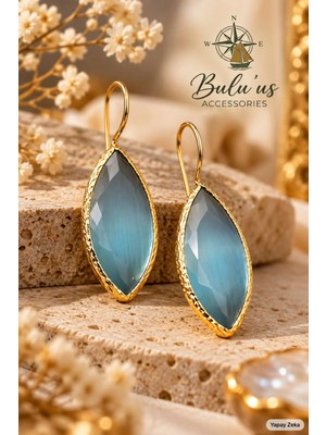 Bulu'us Accessories Kedi Gözü Taşlı Altın Kaplama Sallantılı Küpe – Mavi Mekik Kesim Zarif Kadın Küpe Sevgiliye Hediye