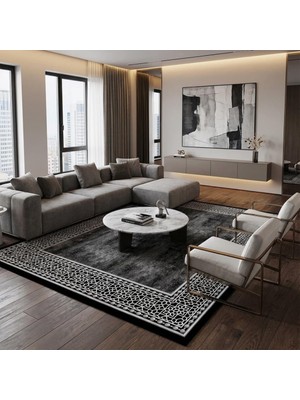 Tr Siyah Beyaz Geometrik Desenli Salon Halısı Dijital Baskılı Kaymaz Tabanlı Halı Dijital Bask