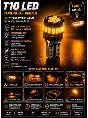 Rafta T10 WY5W Amber Turuncu LED Ampul 360° Aydınlatma Canbus Hatasız Sinyal Park (1 Adet)