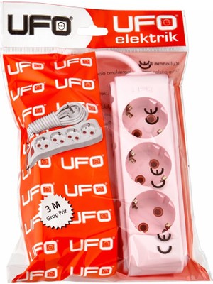 Rafta Ufo 3lü 3 Metre Kablolu Topraklı Grup Priz, 16A 250V, Üçlü Uzatma Kablosu Pembe Renk