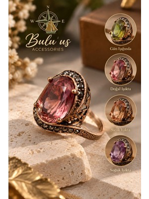 Bulu'us Accessories Bronz Zultanit Taşlı Tektaş Kadın Yüzük – Renk Değiştiren Oval Taşlı, Ayarlanabilir, Otantik ve Zarif Tasarım