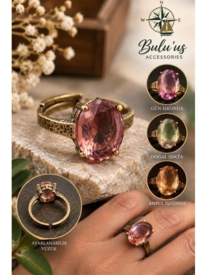 Bulu'us Accessories Bronz Zultanit Taşlı Tektaş Yüzük – Renk Değiştiren Oval Kesim Taşlı Ayarlanabilir Kadın Yüzük