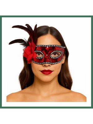 Bezos Kırmızı Renk Yandan Tüylü Güllü Gümüş Taşlı Pullu Maske 20X22 cm Bss
