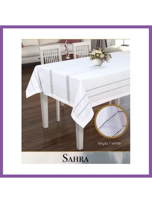 Bezos 160X260 cm Beyaz Sahra Polyester Ajurlu Keten Masa Örtüsü Dantelli Yemek Masası Bzoshb