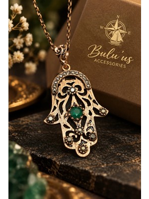 Bulu'us Accessories Bronz Zümrüt Taşlı Fatma Ana Eli Kolye – Otantik Tasarım, Nazar Simgeli, Vintage Kadın Kolyesi