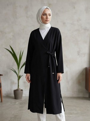 Foremia Metal Uçlu Yan Bağlamalı Uzun Tunik-Siyah -