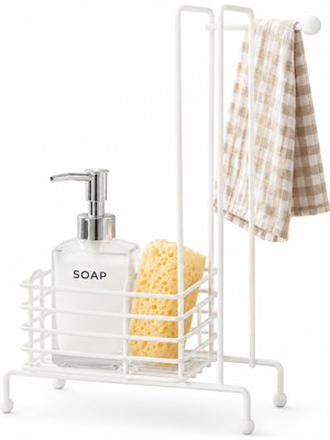 Rafta Orret Home Metal Sabunluk Süngerlik ve Bez Organizeri, Beyaz Tezgah Üstü Mutfak Banyo Düzenleyici, Havluluklu Tel Sepet, Sabunluk Sünger Bezi Deterjan Fırça Tutucu Stand 20X29 cm