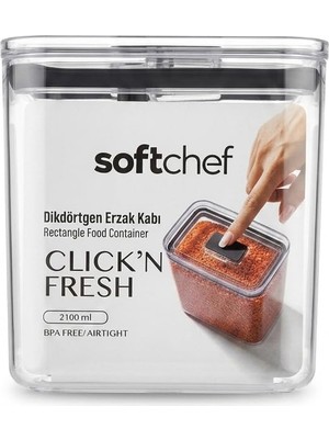 Rafta Softchef Click'n Fresh Hava Geçirmez Dikdörtgen Plastik Erzak Kabı 2100 ml - Vakumlu Tek Tuş Kapaklı Şeffaf Plastik Bakliyat, Un ve Şeker Saklama Kabı, Bpa Içermez (10,5X16X17CM)
