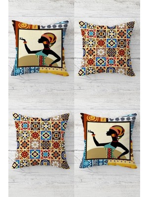 Rafta Pelangi Çini Desen ve Bohem Afrikalı Kadın Gizli Fermuarlı Kırlent Kılıfı Koltuk Yastık Kılıfı TAKIM(4ADET), Turuncu-Kahverengi 45 x 45