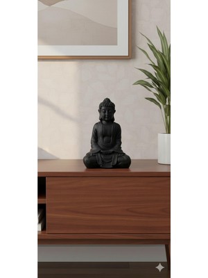 Rafta Dekoromi Dekoratif El Boyaması Buda Heykeli (22X15CM) Ev ve Ofis Dekorasyon Obje Biblo Siyah 22 x 16