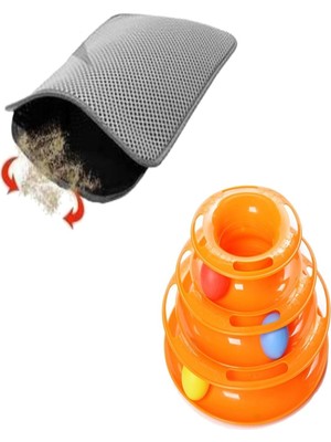 Rafta Tineke 2 Li Set Tower Of Tracks Kedi Oyuncağı + Elekli Kedi Tuvalet Paspası (Gri)