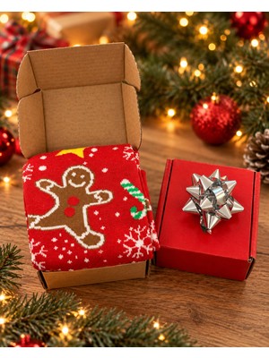 Feemels Kırmızı Kutulu Yılbaşı Hediyesi - Unisex Noel Çorabı - Kırmızı Kutulu Hediye Çorap