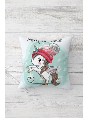 Rafta Pelangi Merry Christmas Ünicorn Çift Tarafı Baskılı Gizli Fermuarlı Yastık Kılıfı Kırlent Yastık Kılıfı, Beyaz-Turkuaz 45 x 45, 24691172045451