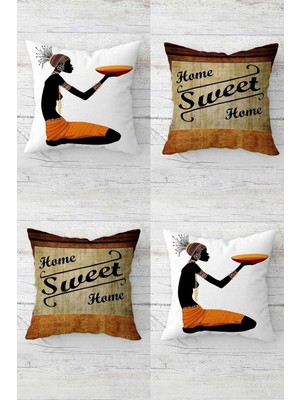Rafta Pelangi Home Sweet Home Bohem Afrikalı Kadın Gizli Fermuarlı Kırlent Kılıfı Koltuk Yastık Kılıfı TAKIM4ADET, Kahverengi 45 x 45