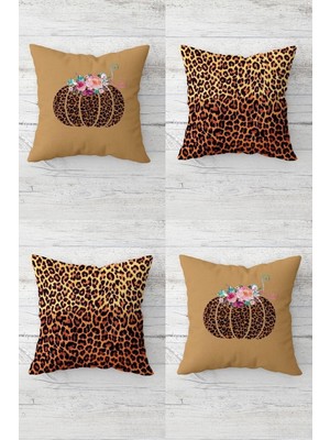 Rafta Pelangi Balkabağı ve Leopar Hallowen Desen Gizli Fermuarlı Kırlent Kılıfı Koltuk Yastık Kılıfı TAKIM(4ADET), Kahverengi 45 x 45