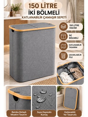 Nokka 150 Litre Bambu Kapaklı Katlanabilir Çamaşır Sepeti, 2 Bölmeli Kirli Sepeti (70x57x37)