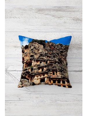 Rafta Pelangi Manzara Desenli Çift Tarafı Baskılı Gizli Fermuarlı Yastık Kılıfı Kırlent Koltuk Yastık Kılıfı, Kahve-Krem 45 x 45, 24691200845451